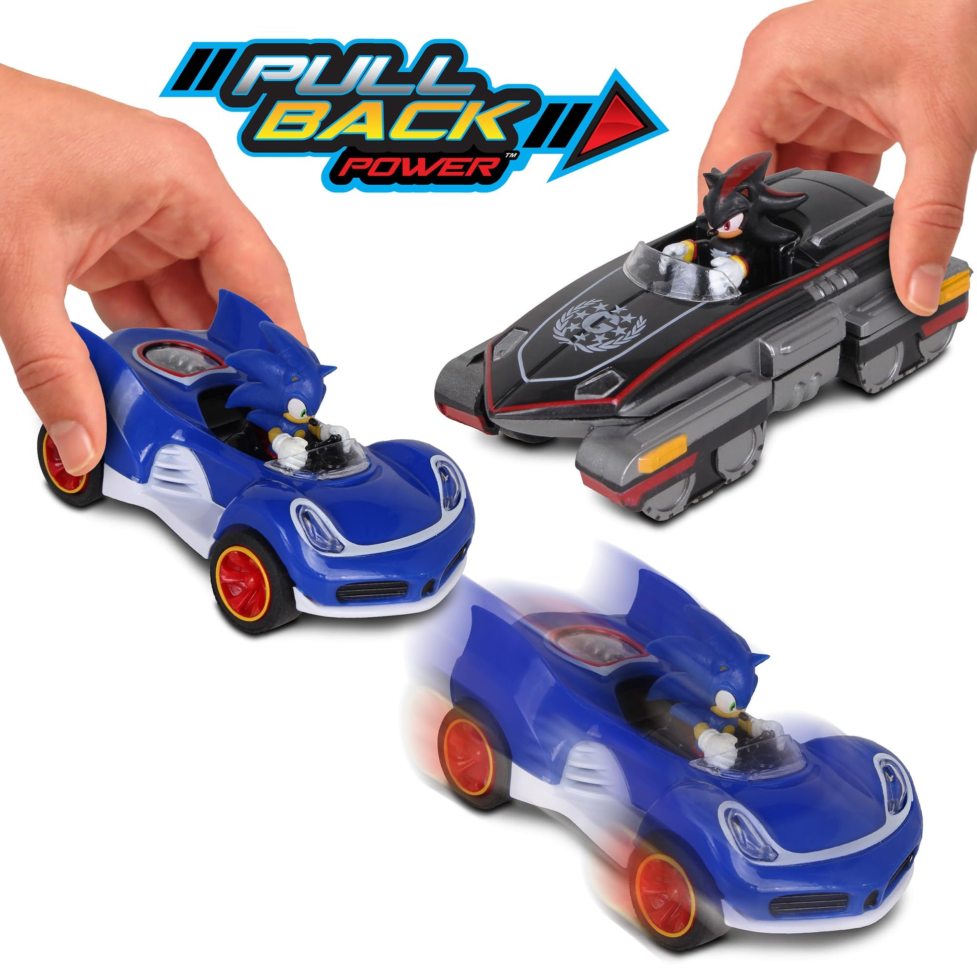 NKOK Sonic Transformed All-Stars Racing Pull Back Action: Shadow and Sonic Hedgehog, Two Vehicles, Video Game Legends, No Batteries Required, Pull