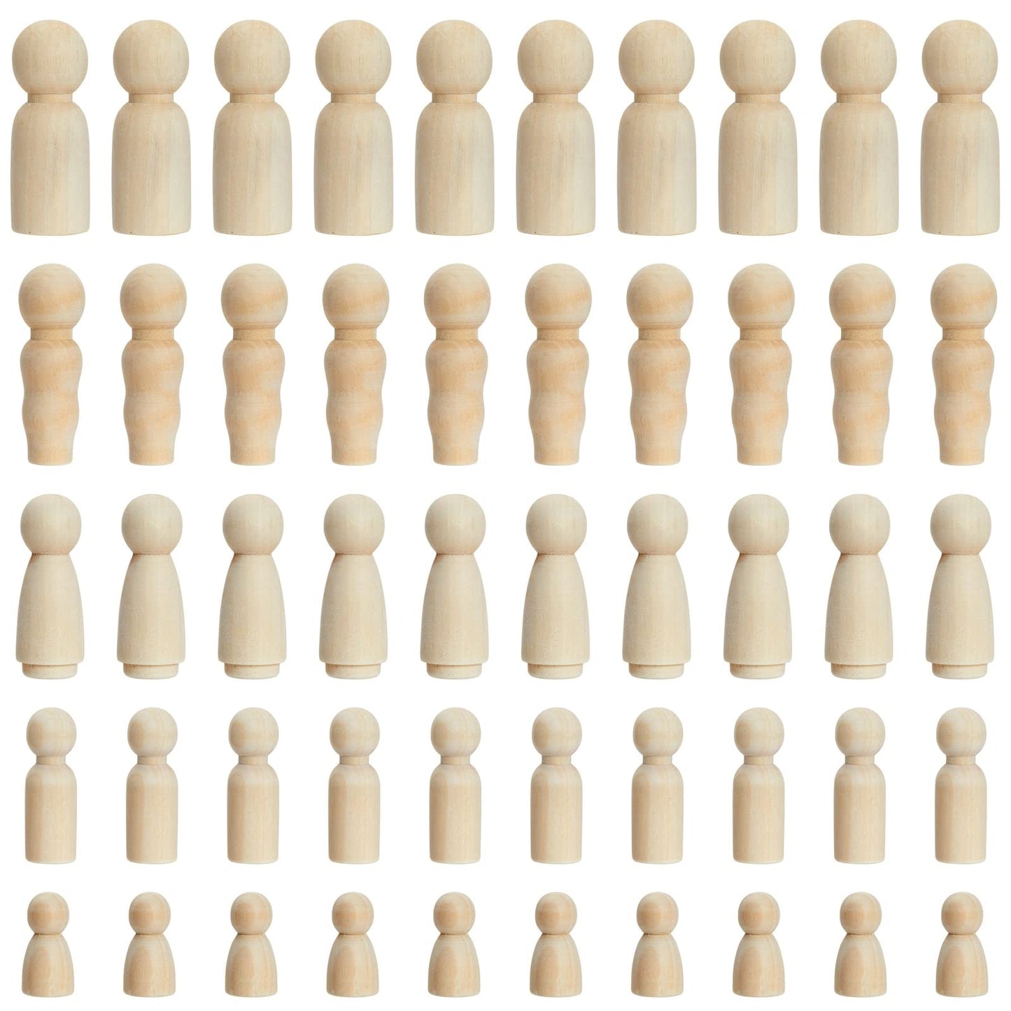 Juvale Unfinished Wooden Peg People - 50-Piece Set, 5 Sizes & Natural Wood - DIY Painting Peg Dolls & Wooden Doll House People - Family Constellations