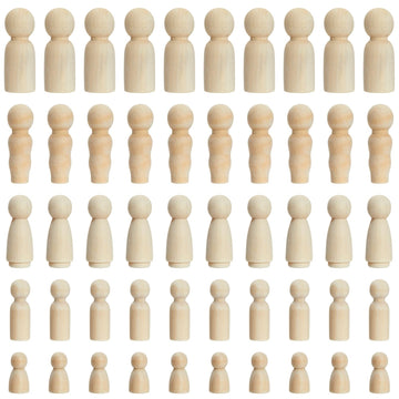 Juvale Unfinished Wooden Peg People - 50-Piece Set, 5 Sizes & Natural Wood - DIY Painting Peg Dolls & Wooden Doll House People - Family Constellations