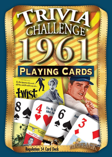 Flickback 65th Birthday Trivia Cards - 1961 Deck - Gift for Men or Women Born in 1961 - Fun 65th Birthday Game, Vintage 1961 Playing Cards with Trivia