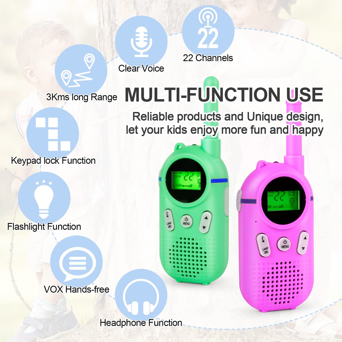 Wcfish Walkie Talkies for Kids Rechargeable 3 Pack, Providing 48hrs Working Time and Long Range of 3KMs, Best Gift for Kids Aged 3-12 Years