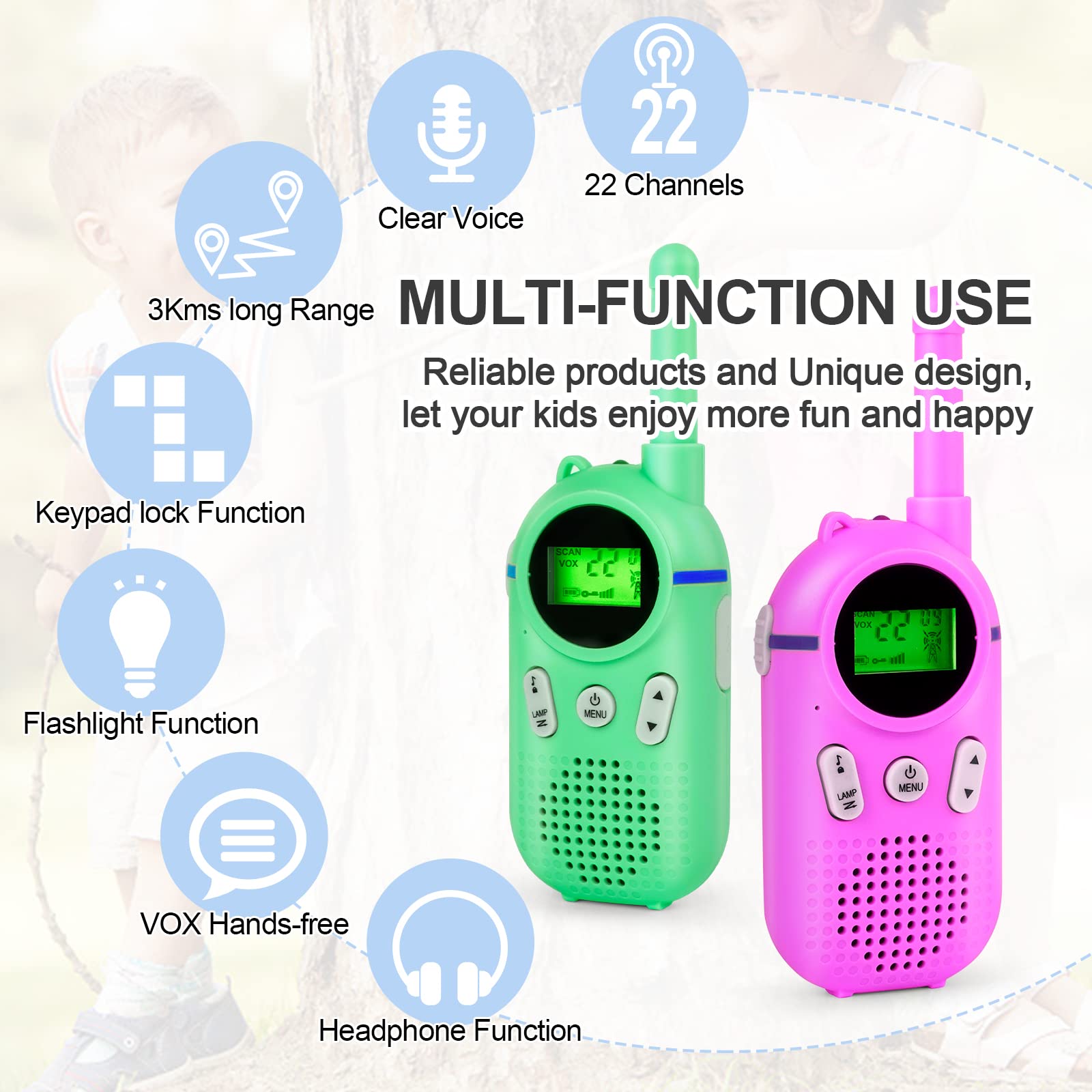 Wcfish Walkie Talkies for Kids Rechargeable 3 Pack, Providing 48hrs Working Time and Long Range of 3KMs, Best Gift for Kids Aged 3-12 Years