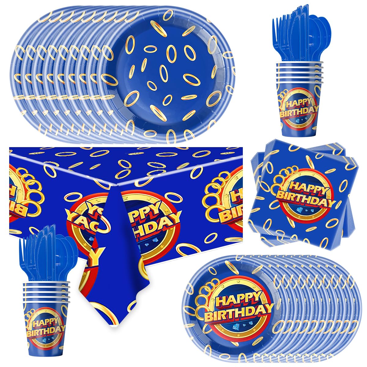 81Pcs Cartoon Blue Hedgehog Birthday Party Supplies,Blue Hedgehog Set Tableware Plates Napkins Cups Knives Spoons Forks