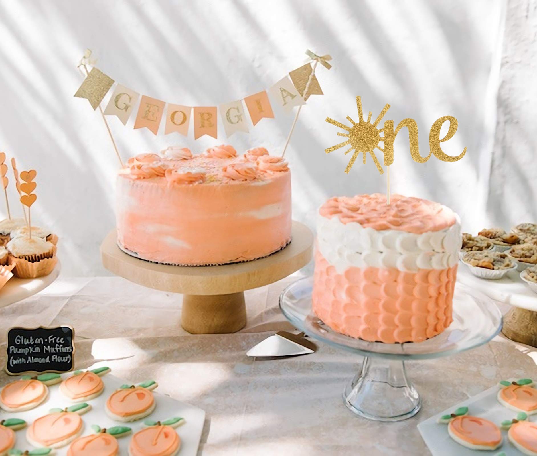 Cake Topper for Baby 1st Birthday - Gold Glitter Sunshine First Anniversary Shower Topper, Single-sided Sun ONE Birthday Cake Smash Topper For Photo