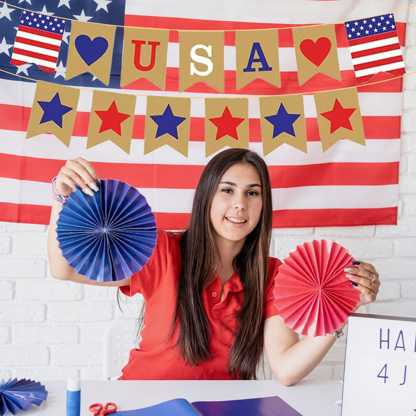 USA Patriotic Cardstock Banner Decorations, Rustic Pre-Strung Hanging Garland Sign for 4th of July, Memorial Day, Veterans Day, Independence Day,