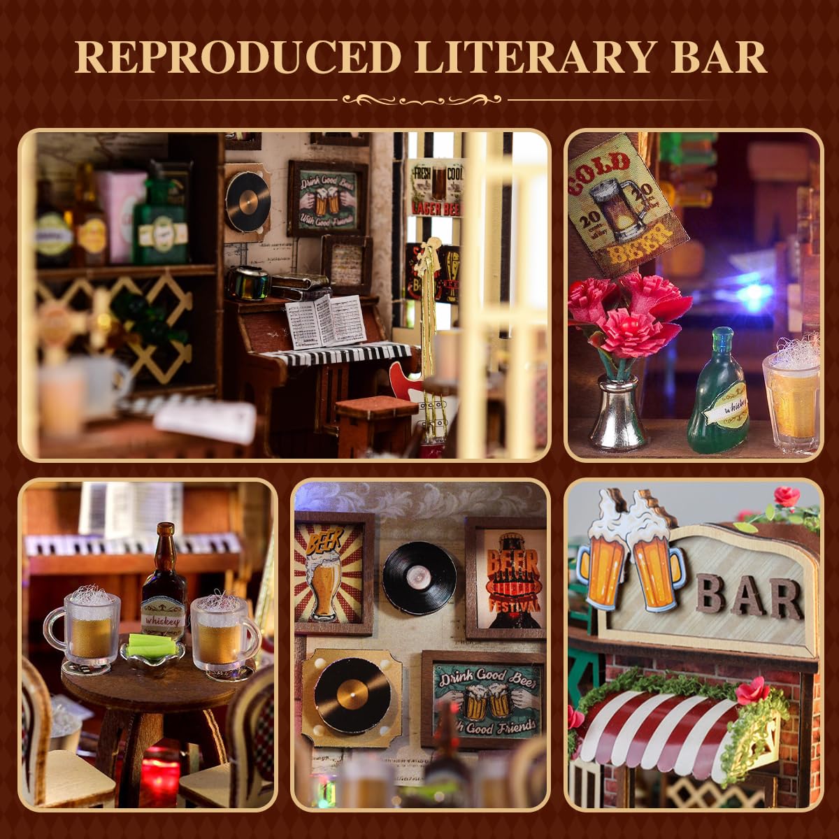 DIY Wooden Miniature House & Book Nook Kits, Bistro Modern Styles Doll House with LED Lights, Furniture, Beginner-Friendly for Adults & Teens,