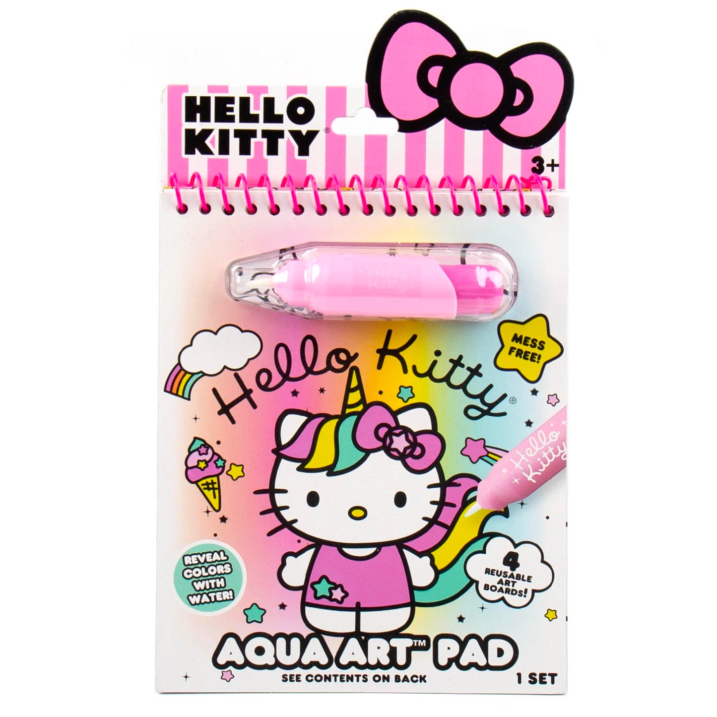 Hello Kitty Aqua Art Pad, 4 Art Pages, On The Go Reusable Water-Reveal Activity Pad, Mess Free Arts and Crafts, Paint with Water Brush Set, Kids Toys