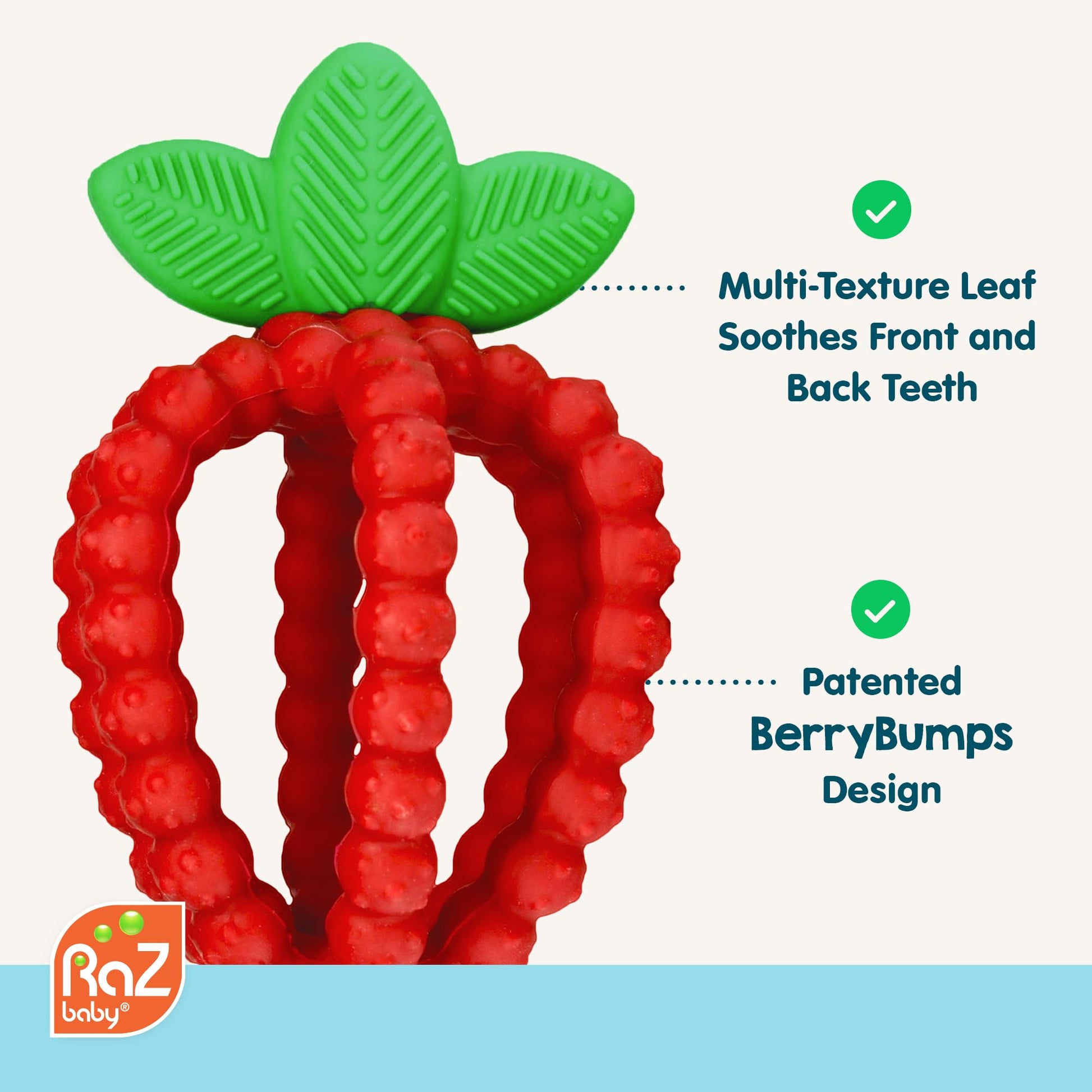 RaZbaby Bites Silicone Baby Teething Toy - Sensory Toy with Textured BerryBumps for Teething Relief, Easy-to-Hold Fruit Shape, BPA-Free, Soothes Front