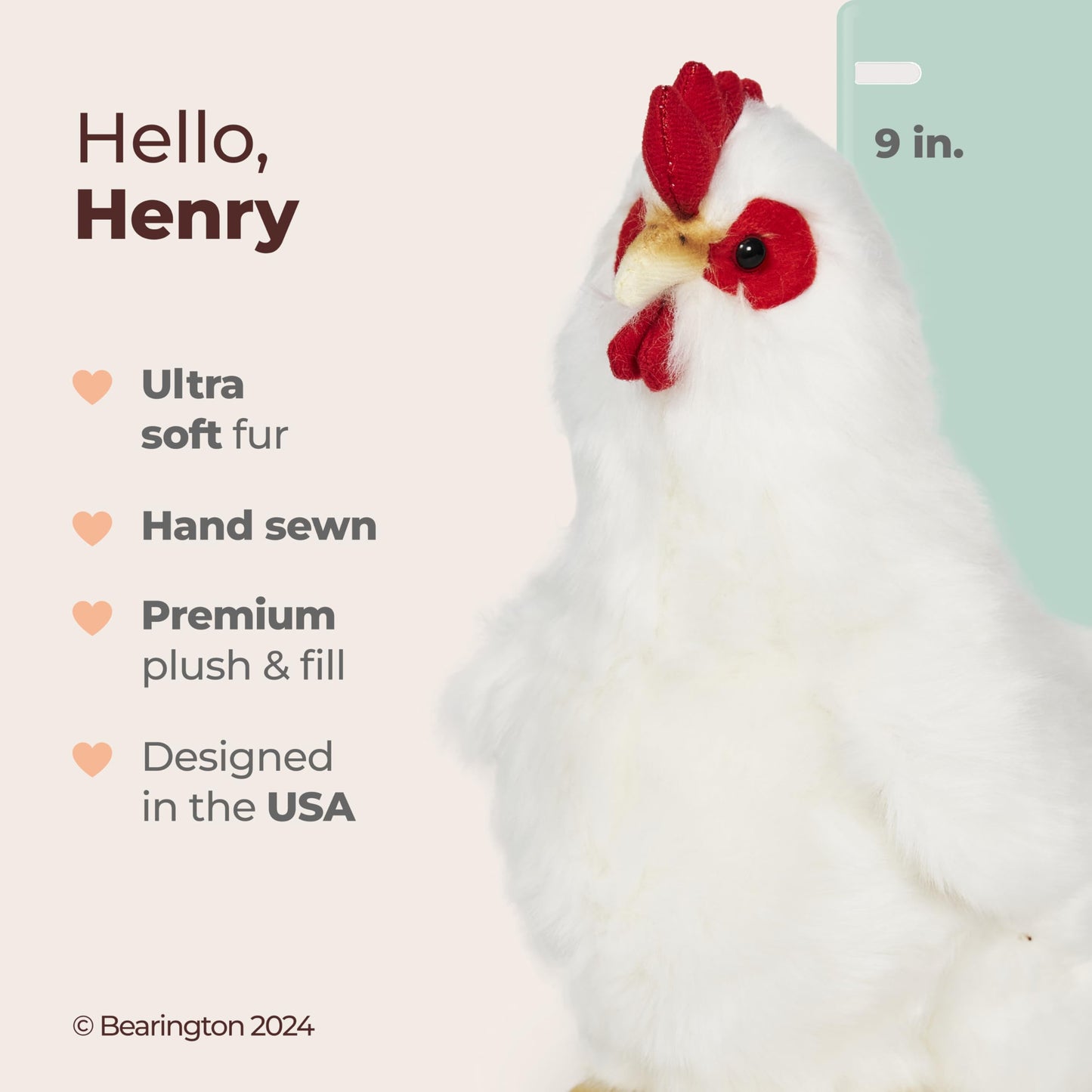 Bearington Henry Hen Stuffed Animal - 9" White Chicken Plush Toy with Realistic Details - Soft Farm Stuffed Chicken with Bean Bag Body - Adorable Hen
