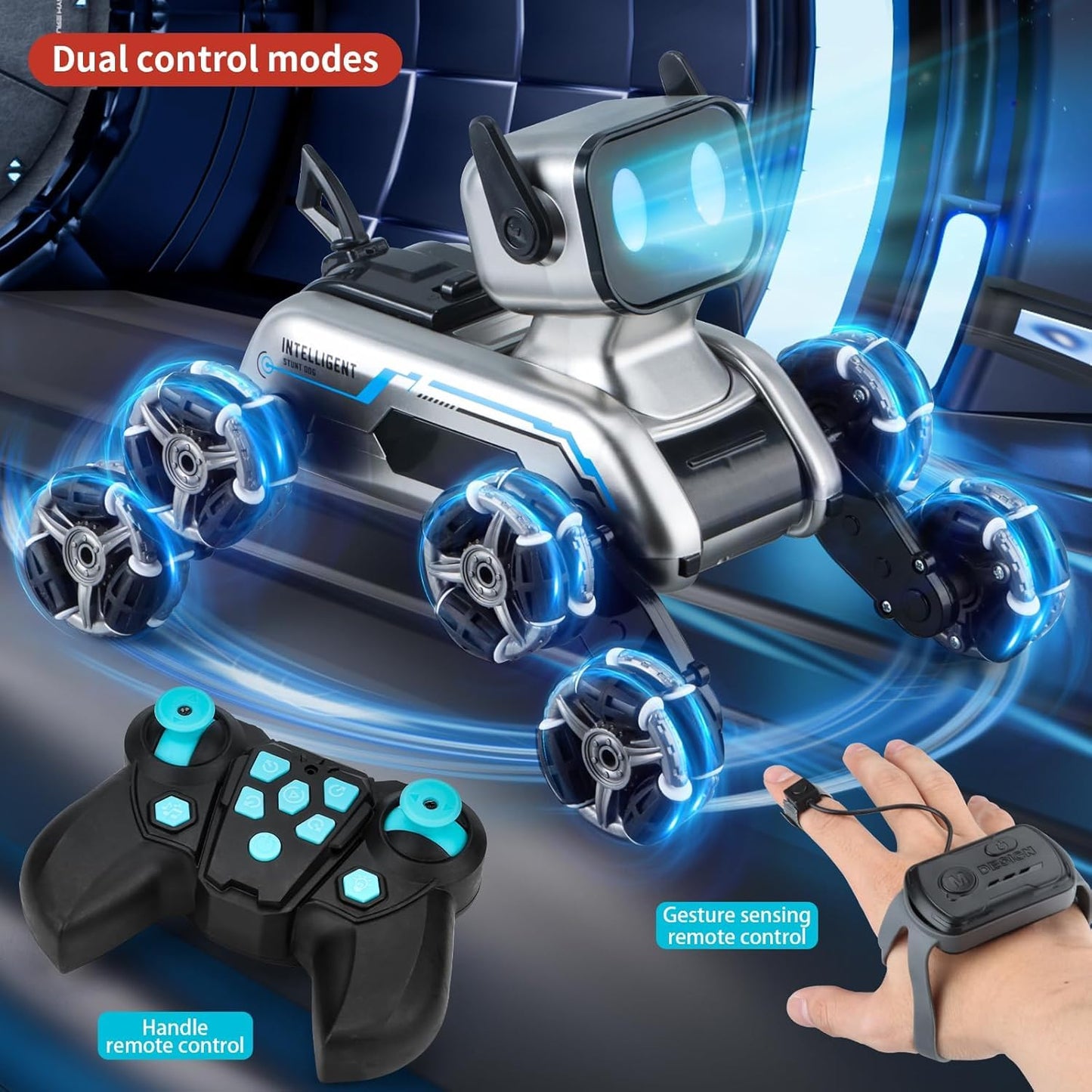 Robot Dog, RC Stunt Car for Kids Adults, 8WD Eight Wheeled Stunt Robots Dog with LED Eyes and Music, Gesture Sensing & 2.4Ghz Remote Control Cars