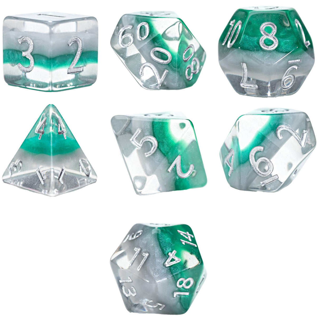 Gate Keeper Games & Dice: Eclipse Dice Elven - 7 Piece RPG Dice Set, Silver & Sylvan Green, 7 Resin Dice for Role Playing Games, 4-Layered Polyhedral