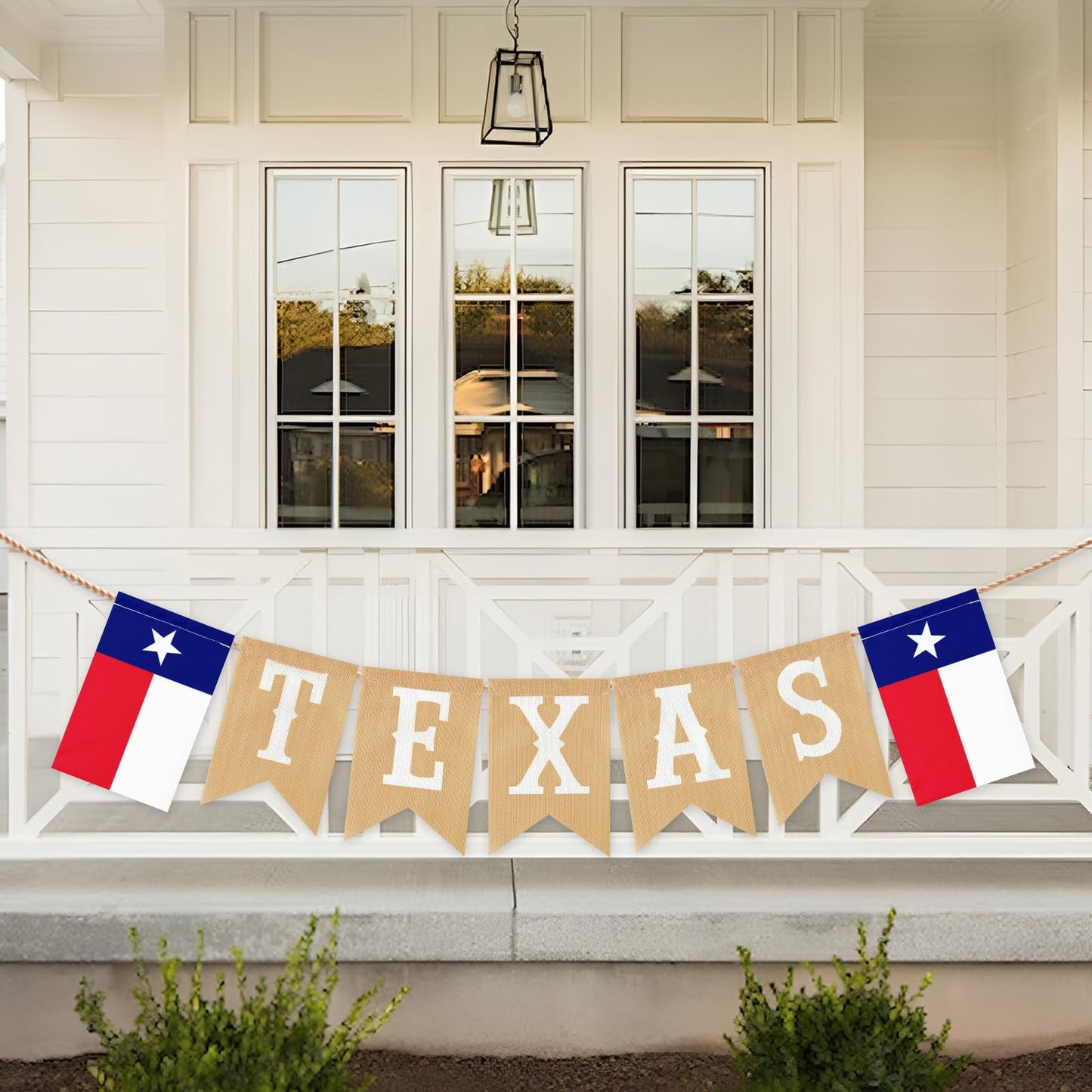 Pre-Strung TEXAS Banner with State Flag Panels, Rustic Linen Burlap Letter Garland for Western Cowboy Birthday, Independence Day, Rodeo Party