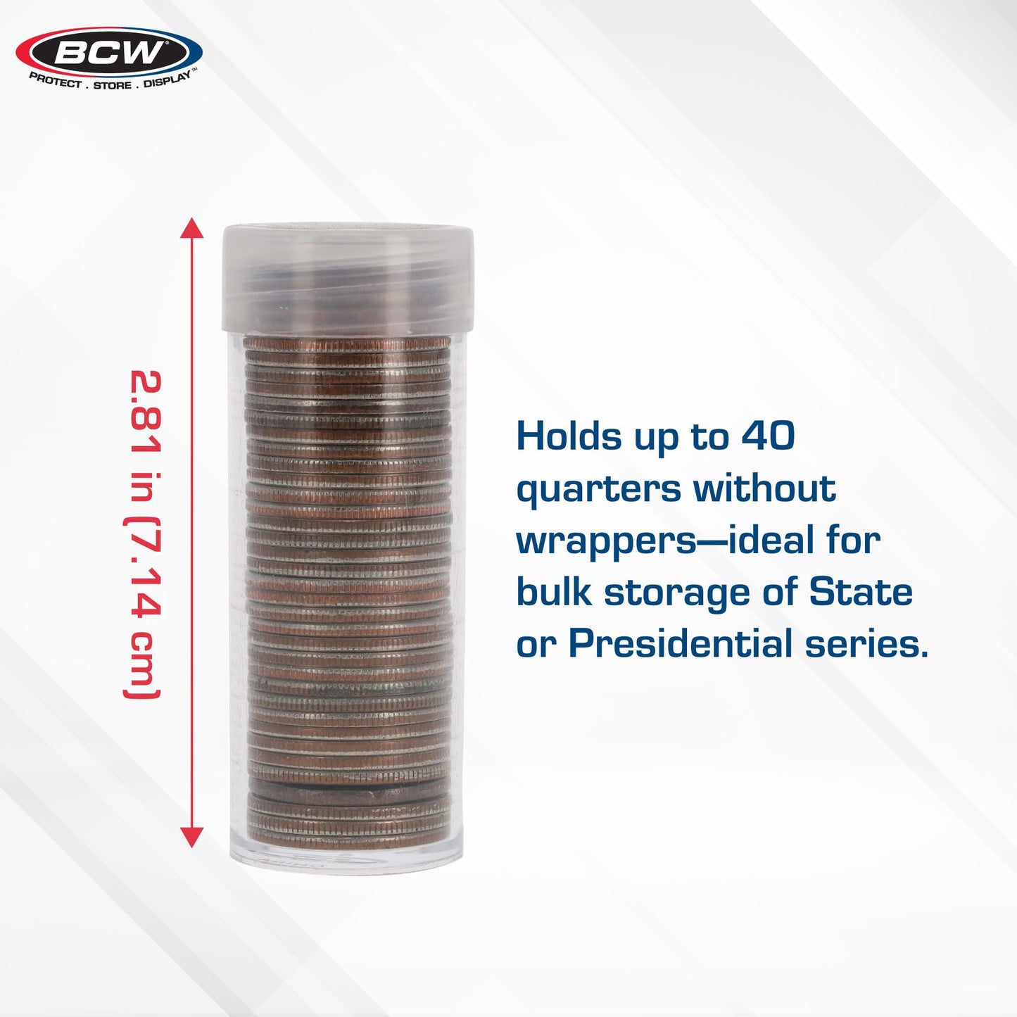 BCW Quarter Coin Storage Tubes - 100 Pack | Archival Quality Plastic Coin Holders, Screw-On Caps | Long-Term Coin Storage