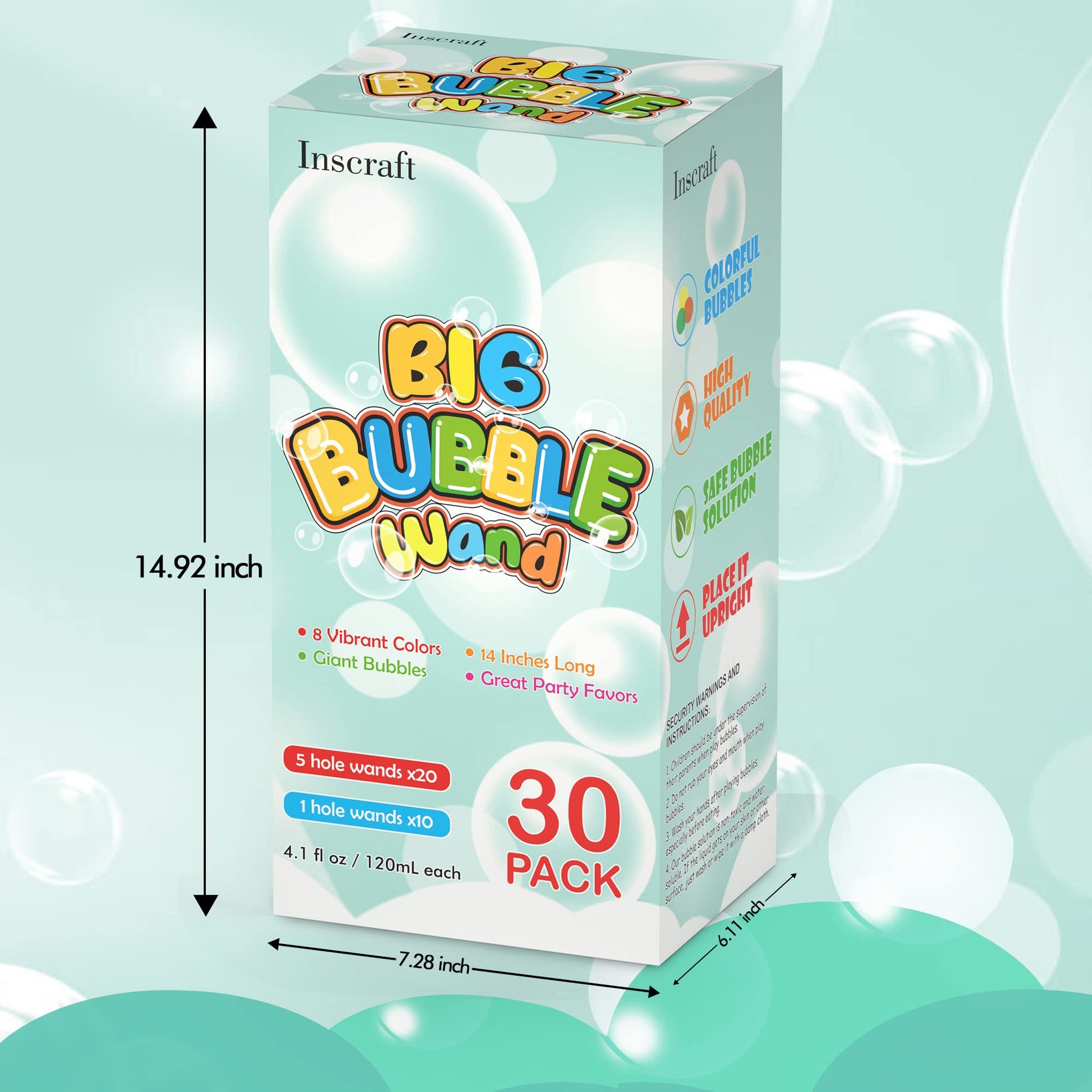 Inscraft 30 Pack 14’’ Big Bubble Wands, 8 Colors Bulk for Summer Toy, Outdoor / Indoor Activity Use, Easter, Birthday, Graduation, Shower, Bubbles