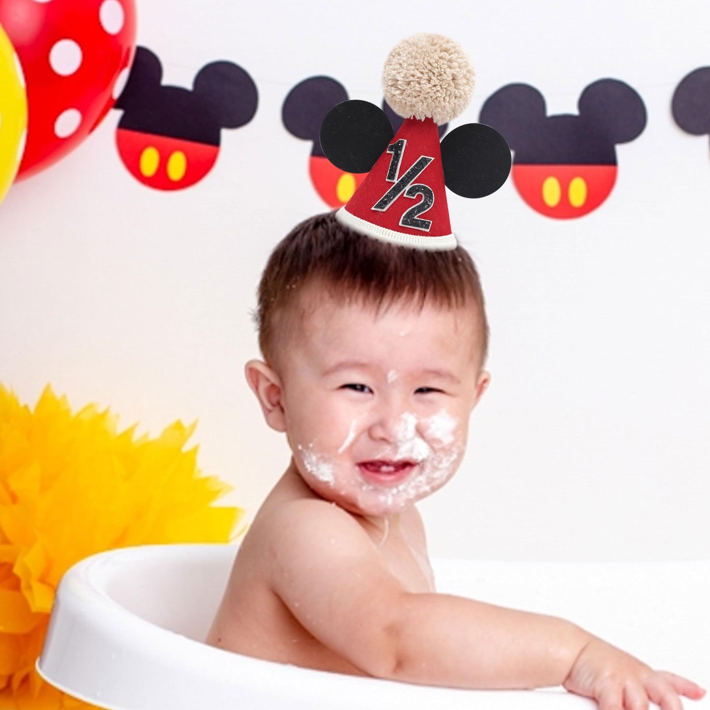 DSAANE Mouse 1/2 Birthday Hat - Mouse Half Way To One Party Decorations,Mouse Ears Cake Smash Hat,Red Black Mouse Party Hat,6 Months Birthday Photo