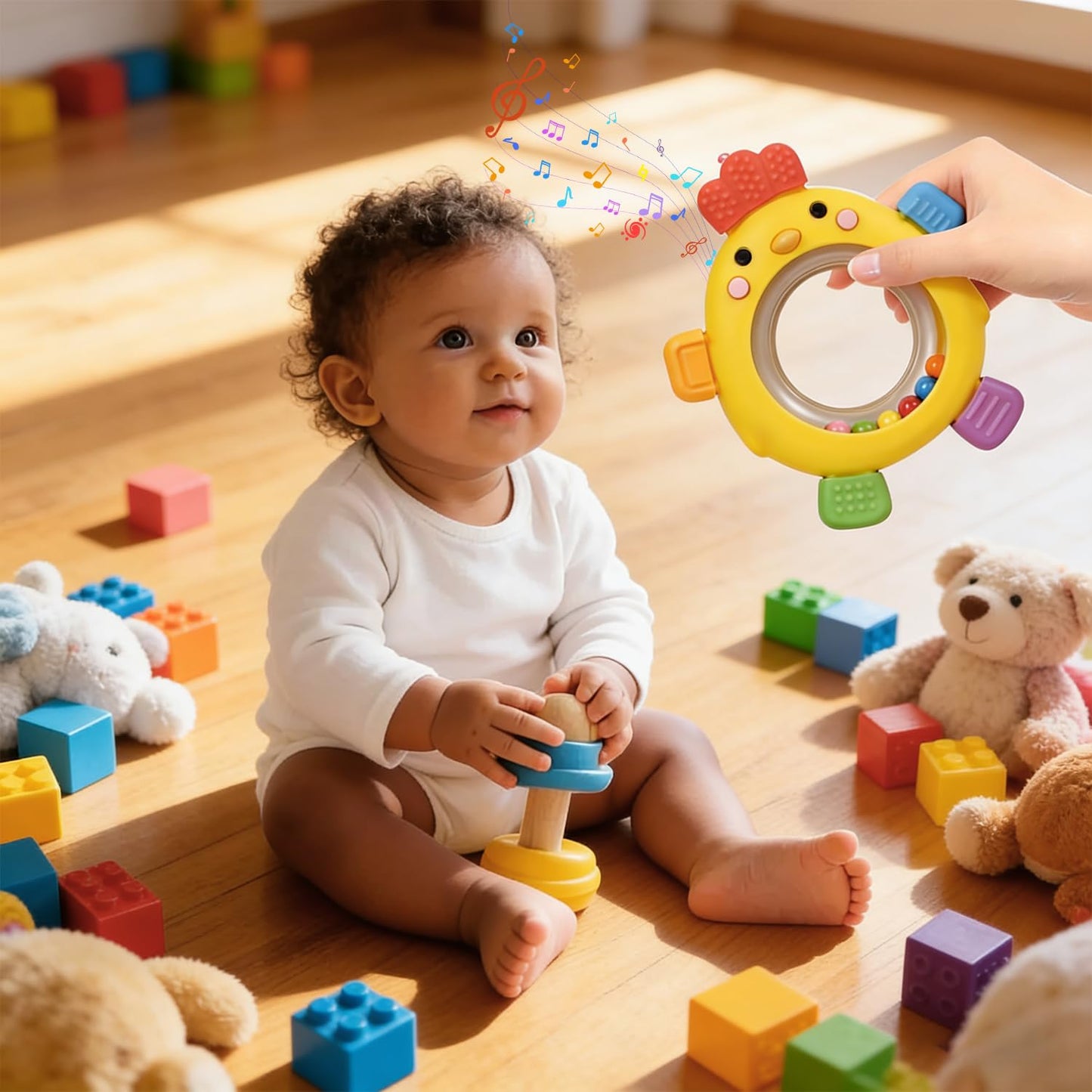 WALULAN Sensory Toys for Babies, 2 Pack Baby Teething Rings Toys for 0-3 3 6-12 Months Baby Rattle Teether Silicone Teether Relief Chew Soothing,BPA