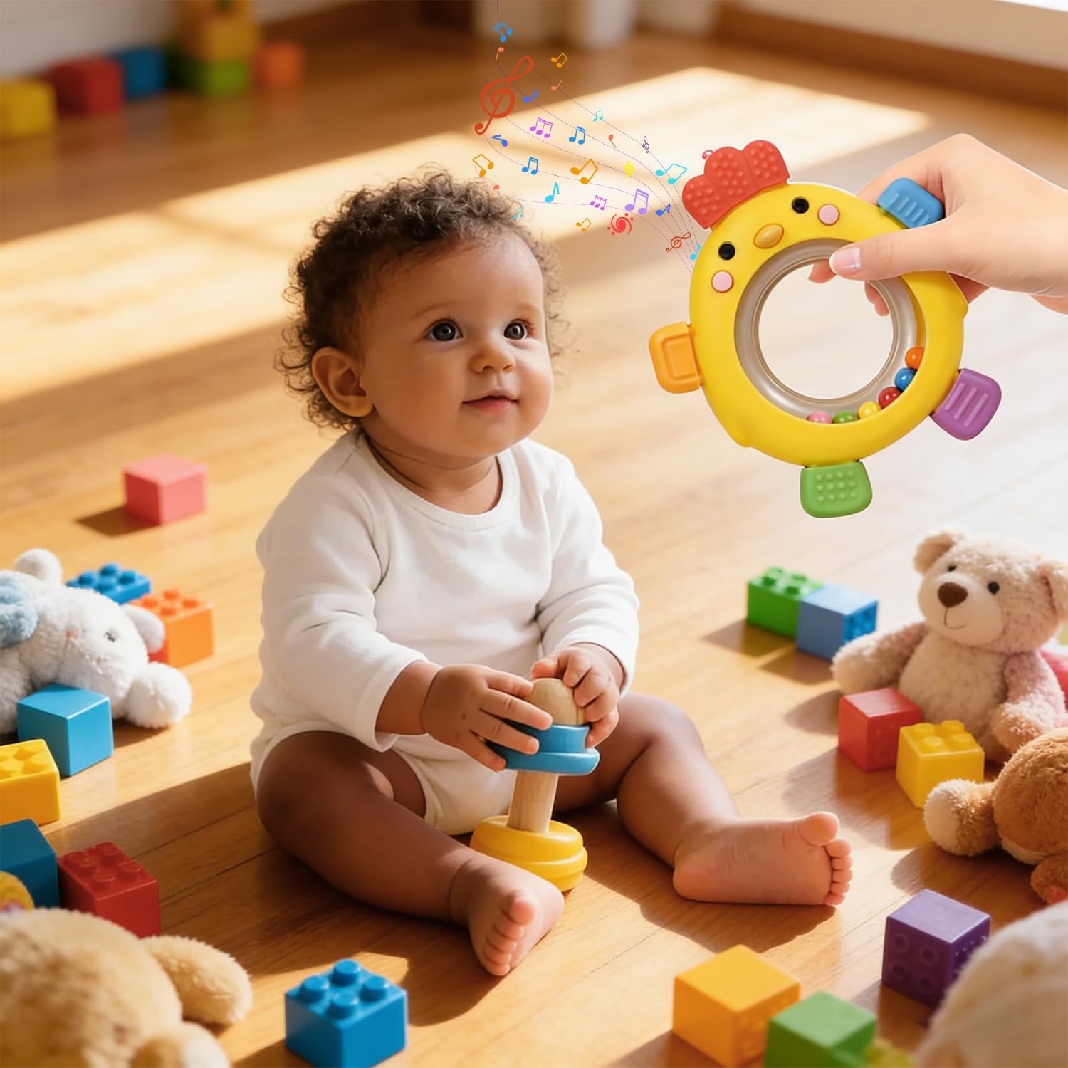 WALULAN Sensory Toys for Babies, 2 Pack Baby Teething Rings Toys for 0-3 3 6-12 Months Baby Rattle Teether Silicone Teether Relief Chew Soothing,BPA