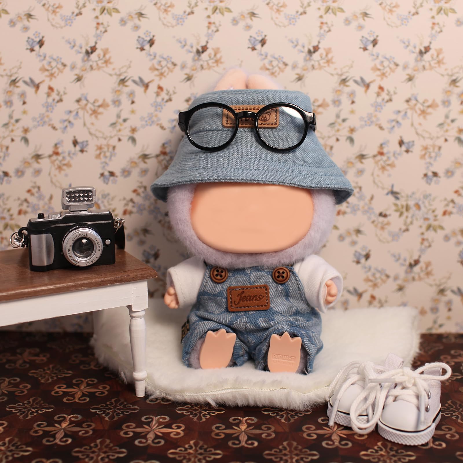 6 Piece 17cm Doll Clothes, Outfit Set with Accessories for 17cm Dolls, Denim Style Outfit Set with T-Shirt + Denim Overalls + Canvas Sneakers + Denim