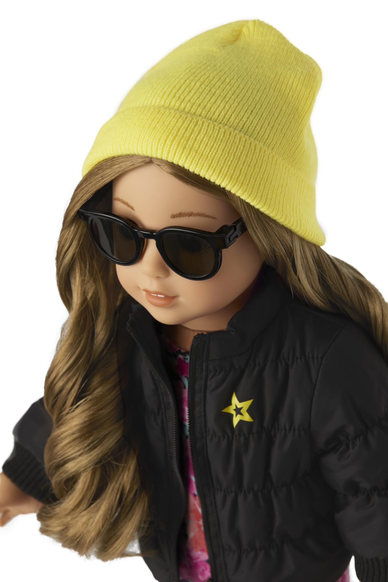 American Girl Truly Me 18-inch Doll Accessories Black Puffer Jacket, Yellow Knit Beanie, and Sunglasses, For Ages 6+