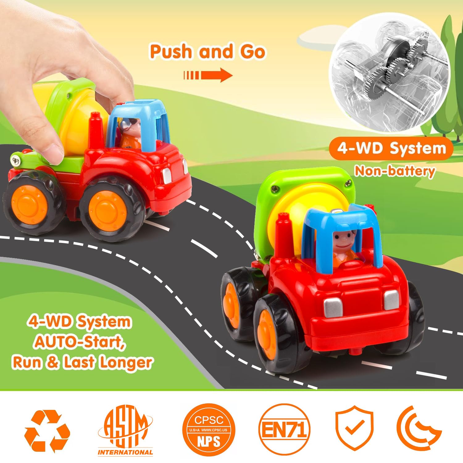 Yiosion Push and Go Friction Powered Cars Construction Vehicles Toy Set Tractor Bulldozer Mixer Truck Dumper for 1 2 3 Year Old Baby Toddlers Boys