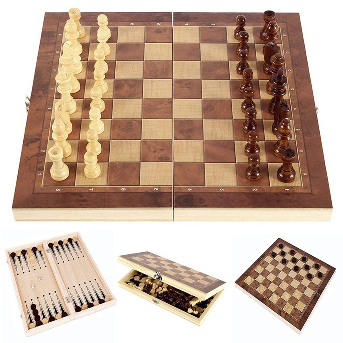 Folding Storage Wooden Chess Board Sets - 3 in 1 Chess Board Game for Adults and Kids (Backgammon, Checkers), Exquisite Wooden Chess Set