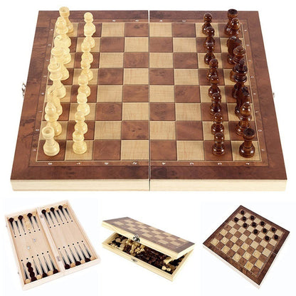 Folding Storage Wooden Chess Board Sets - 3 in 1 Chess Board Game for Adults and Kids (Backgammon, Checkers), Exquisite Wooden Chess Set