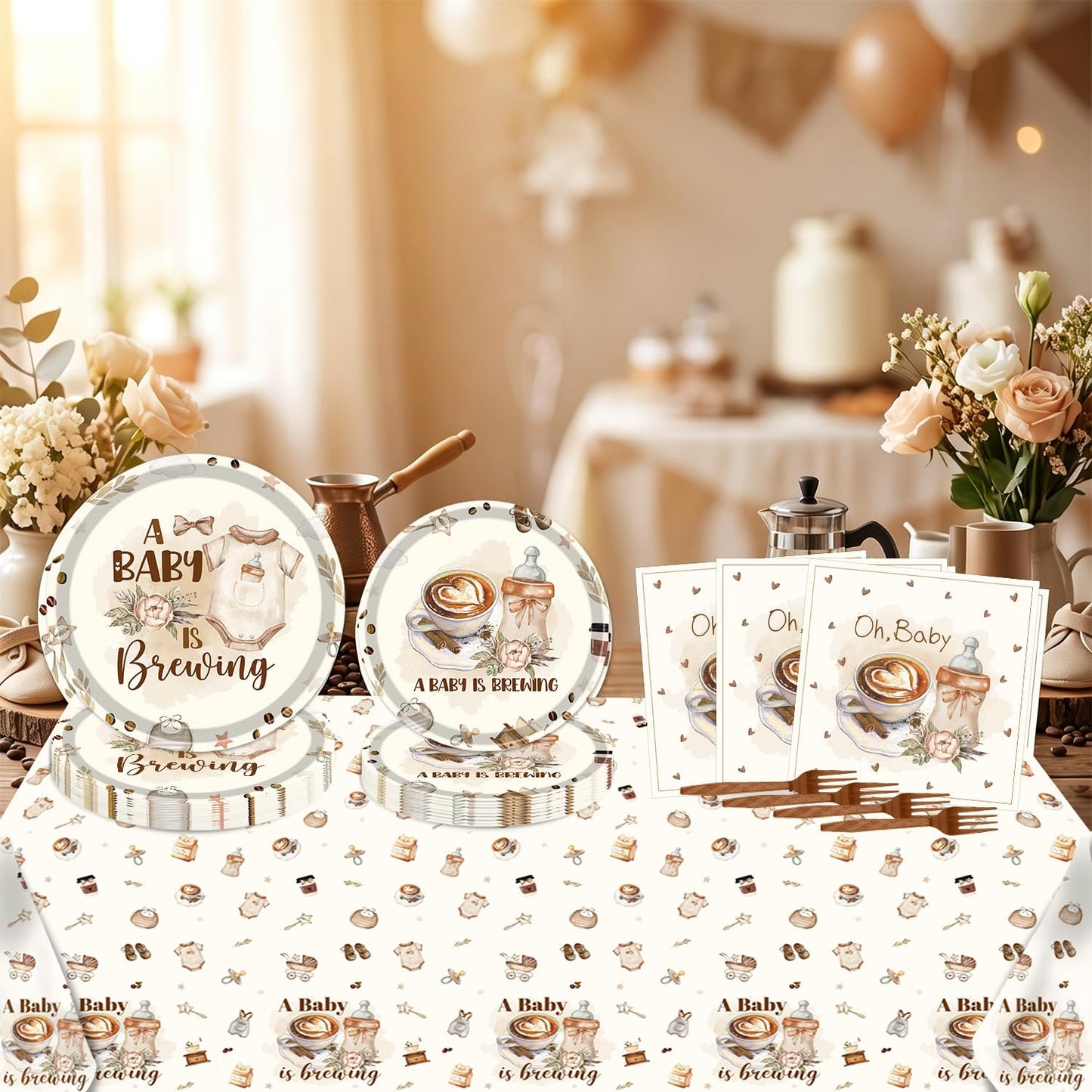 Musaeva a Baby is Brewing Baby Shower Decorations, 98PCS Coffee Baby Shower Disposable Paper Plates Napkins Party Decorations, Coffee Themed Gender