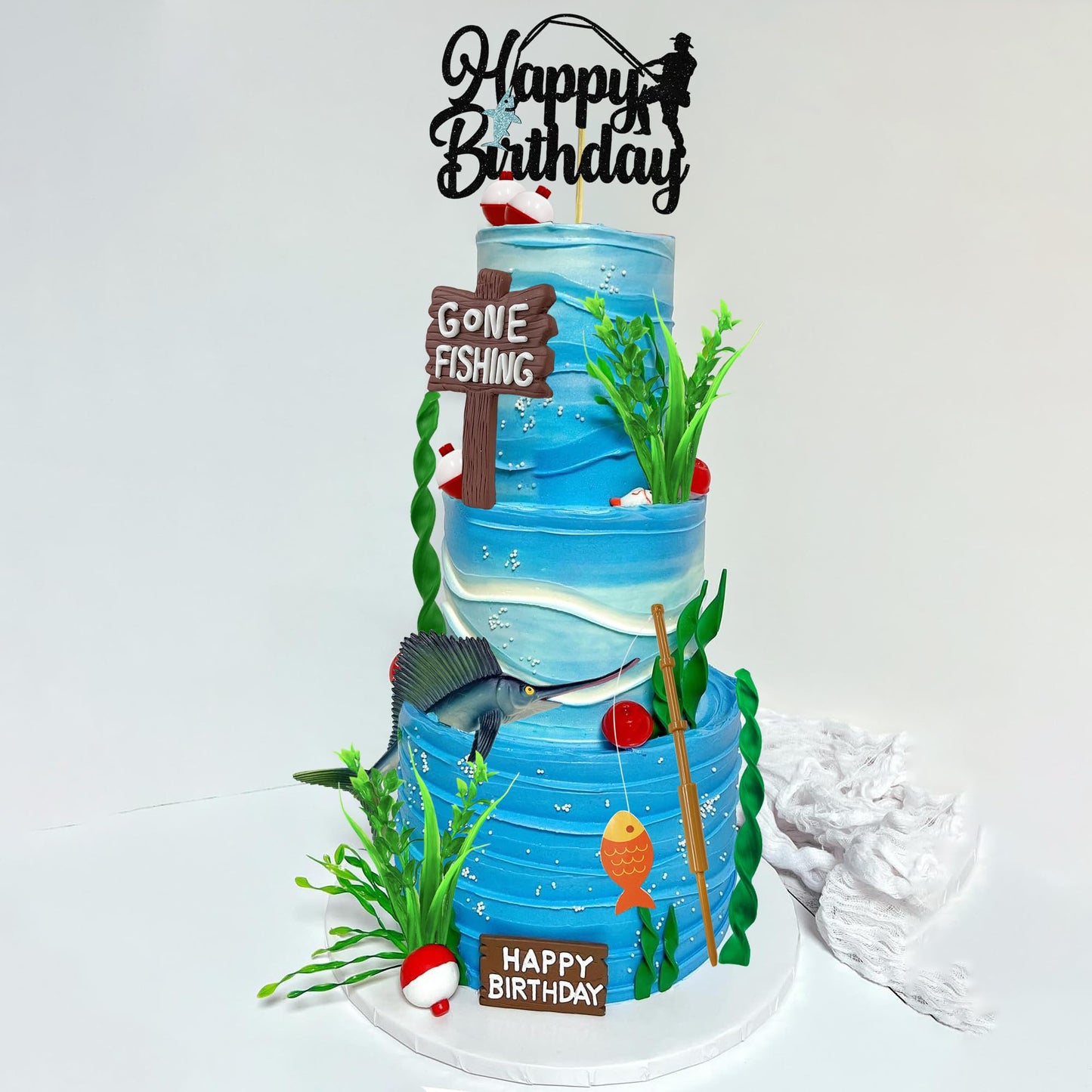 18 PCS Gone Fishing Cake Topper Decoration for Fisherman Themed Birthday Retirement Party Supplies