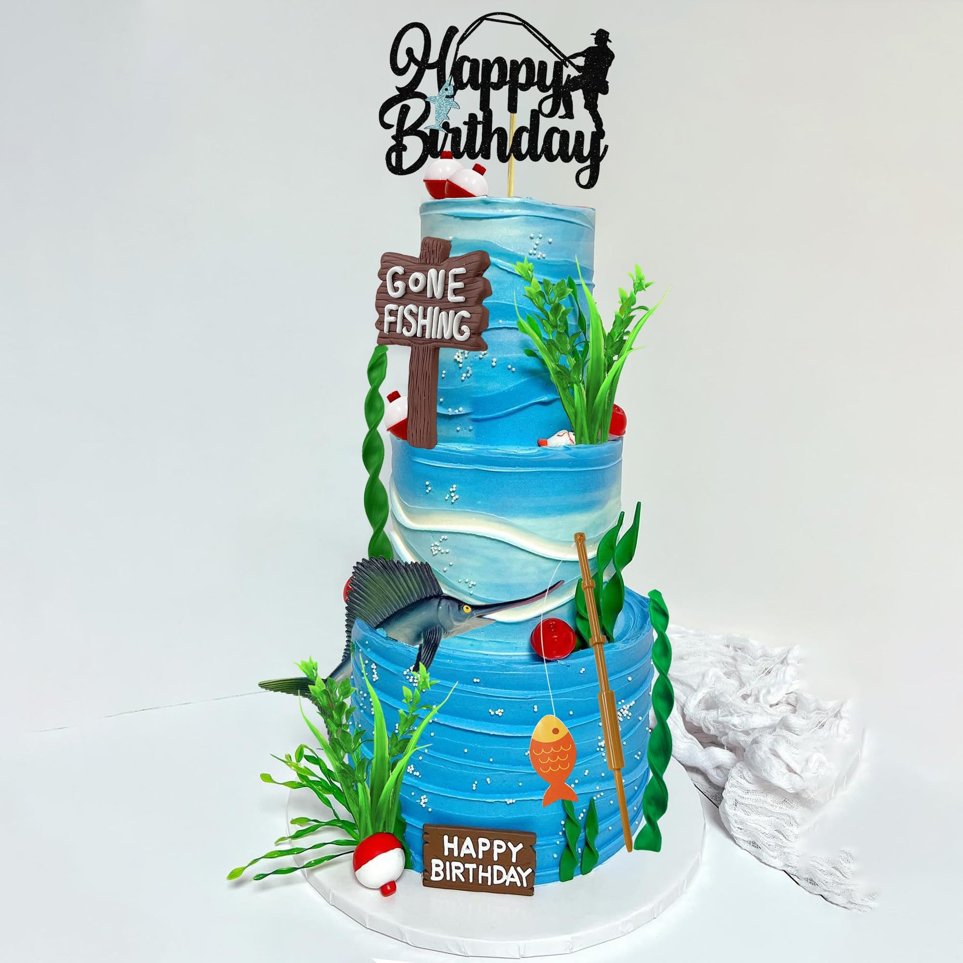 18 PCS Gone Fishing Cake Topper Decoration for Fisherman Themed Birthday Retirement Party Supplies