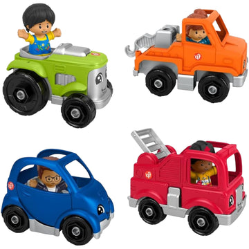 Fisher-Price Little People Vehicles and Figure Bundle with Fire Truck, Tractor, Electric Car and Toy Truck (Pack of 4)