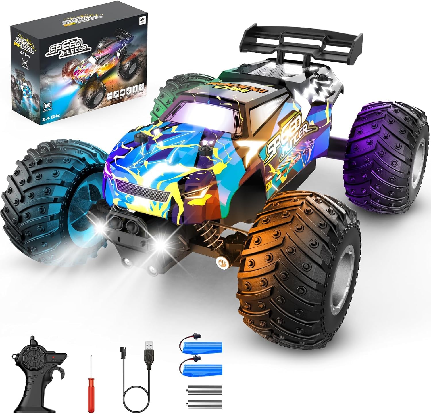 All Terrain Remote Control Car for Boy with LED Lights 2 Batteries 20 KM/H