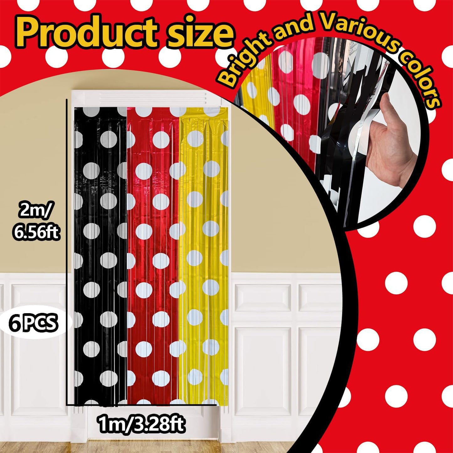 Red Black Yellow Foil Fringe Curtains Birthday Decorations, 2 Pack 3.2x6.6ft Mouse Color Tinsel Streamers Backdrop Baby Shower Cartoon Mouse Birthday