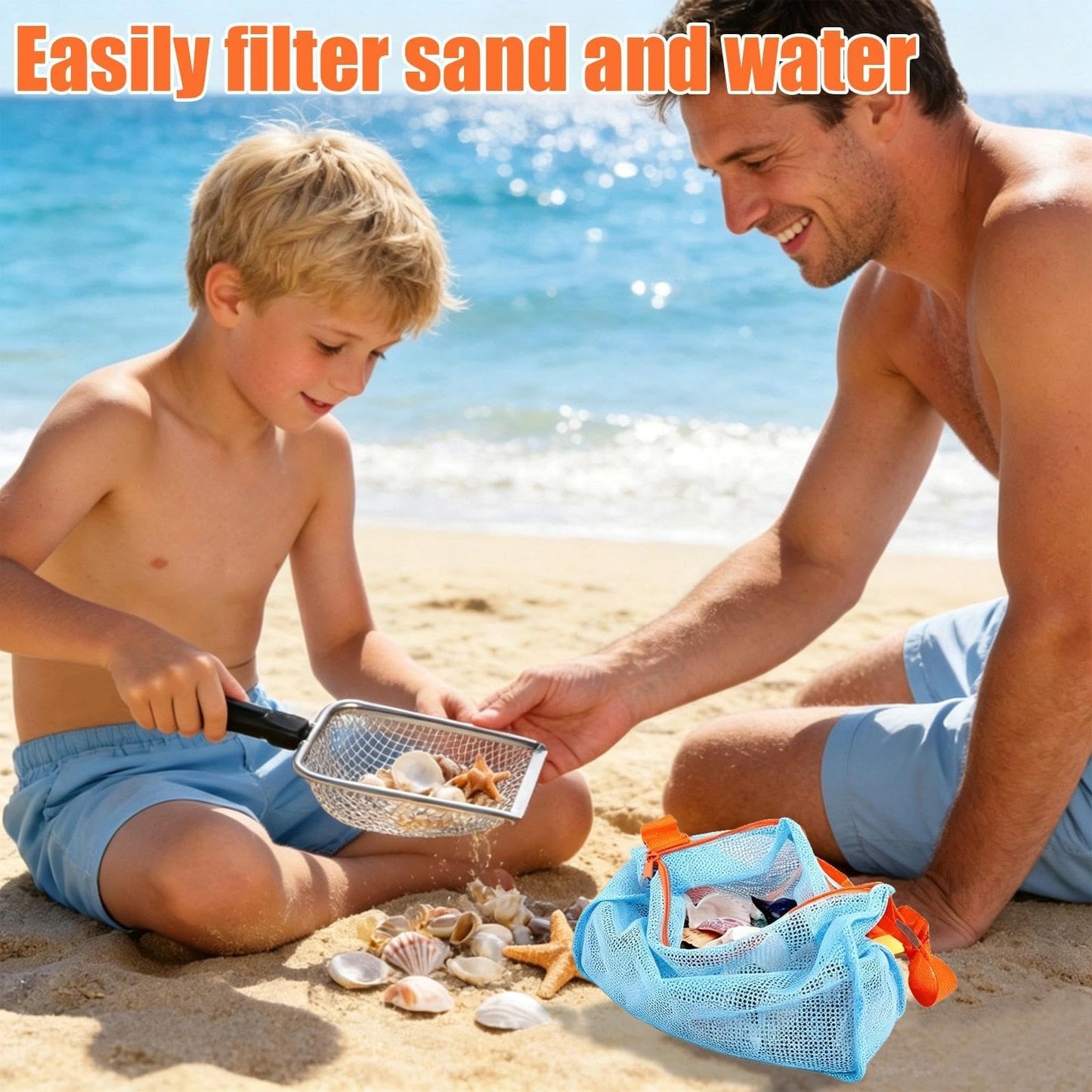 Beach Mesh Shovel with Mesh Beach Bag for Shells Collecting and Filter Sand