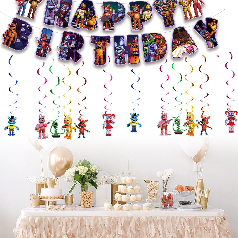 13Packs Five Nights party supplies Include 12 pcs Hanging Swirls and 1 Happy Birthday Banner for Five Nights party Decoration