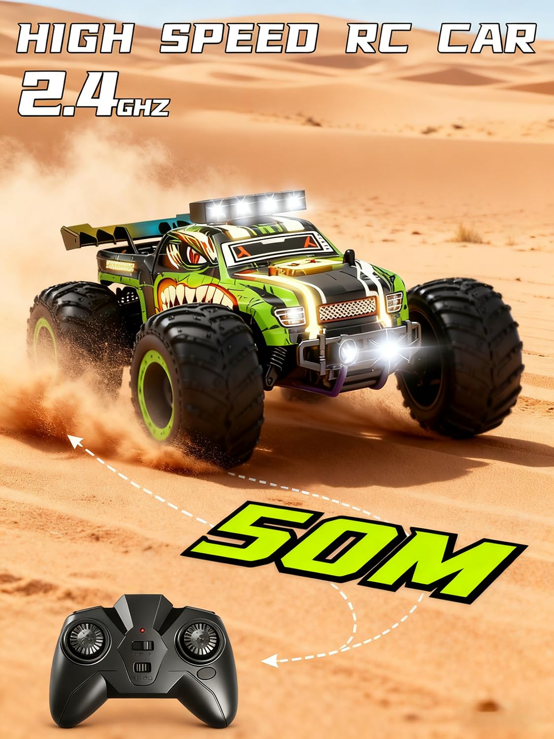 Zappido RC Cars for Boys Age 4-7 8-12, 20km/h High Speed Remote Control Monster Truck with Dino Theme, All-Terrain Off-Road Crawler