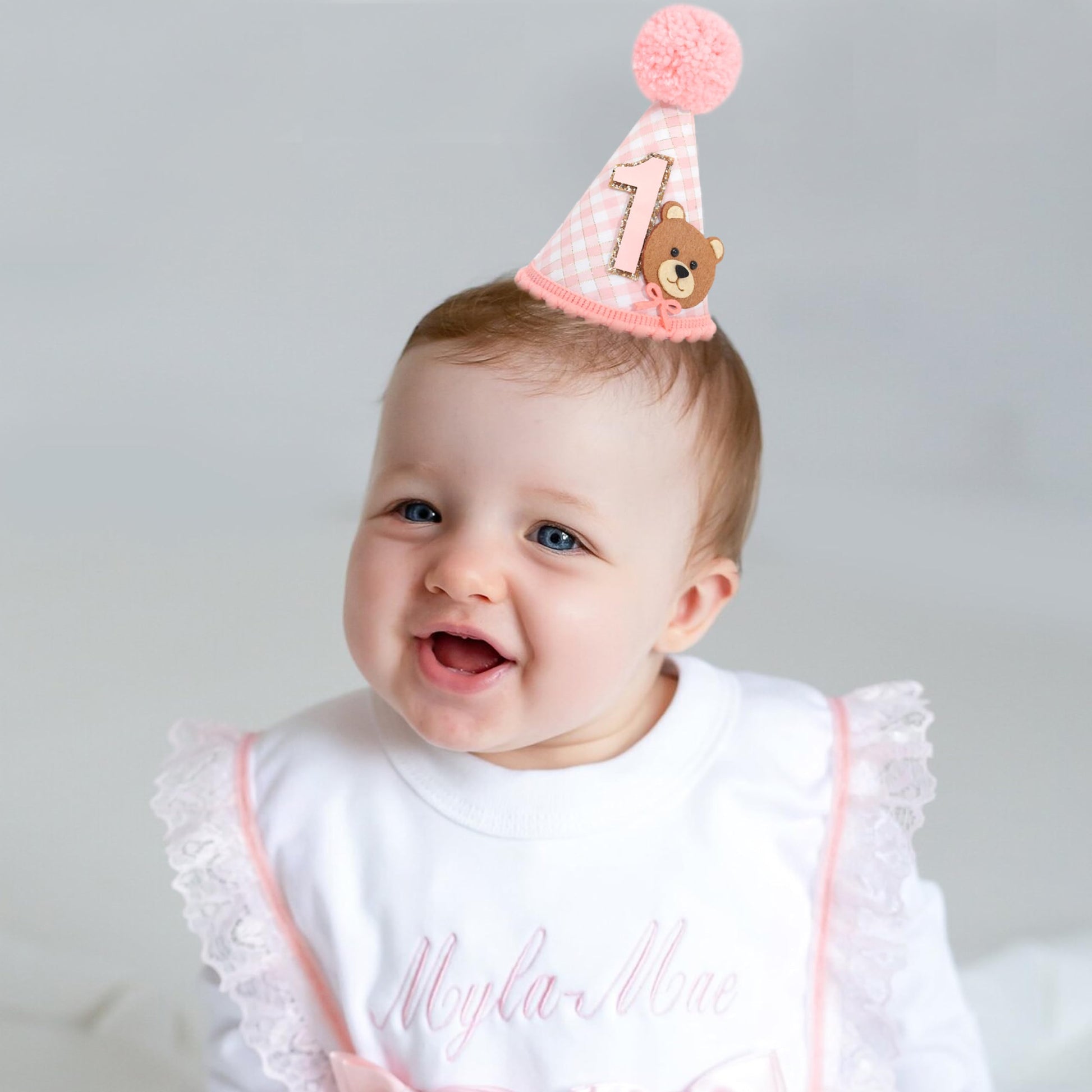 Agvgaza Bear 1st Birthday Hat for Boys & Girls - First Party Hat, Cute Twin Bear Theme for Baby Showers & Birthday Decorations (Pink)