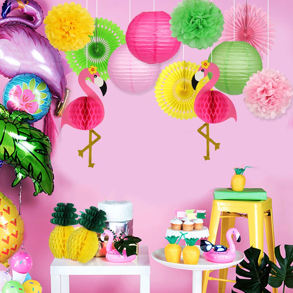 YUNXUAN Flamingo Party Supplies, Hawaiian Party Decorations Flamingo and Pineapple Honeycomb Ball Paper Lanterns Paper Fans Pom poms Flowers