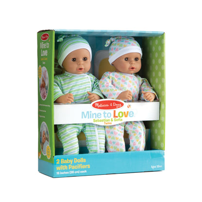 Melissa & Doug Mine to Love Twins Sebastian & Sofia 15” Medium Skin-Tone Boy and Girl Baby Dolls with Rompers, Caps, Pacifiers