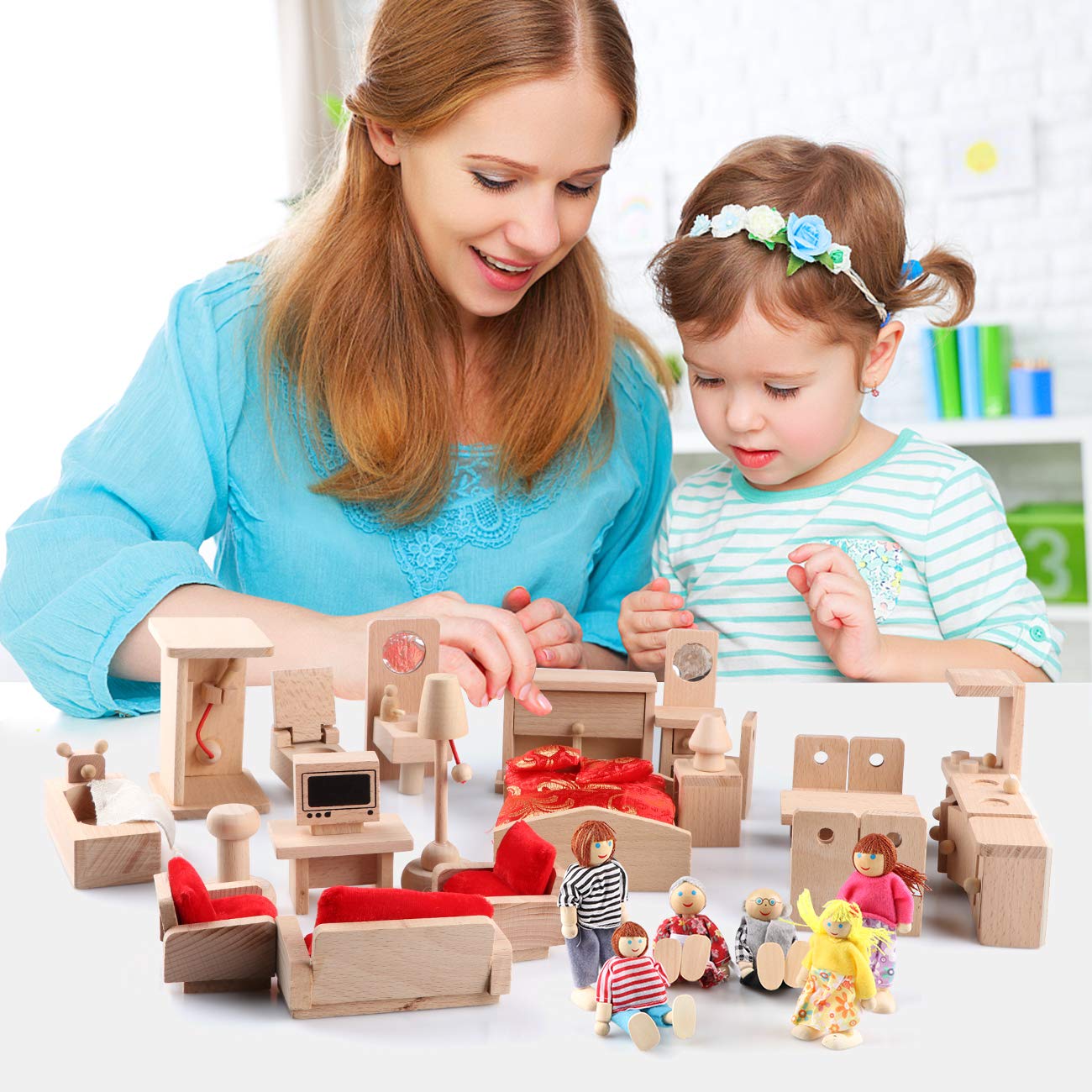 5 Set Dollhouse Furniture Accessories Wooden Bathroom/Living Room/Dining Room/Bedroom/Kitchen House 6 Family Doll Decoration Pretend Play Kids
