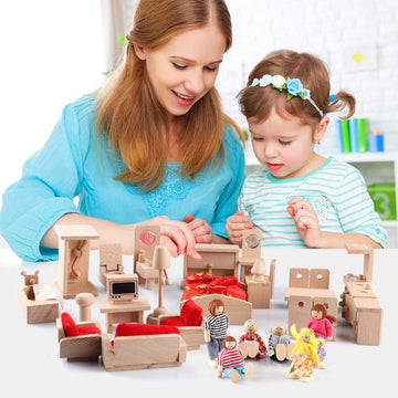 5 Set Dollhouse Furniture Accessories Wooden Bathroom/Living Room/Dining Room/Bedroom/Kitchen House 6 Family Doll Decoration Pretend Play Kids