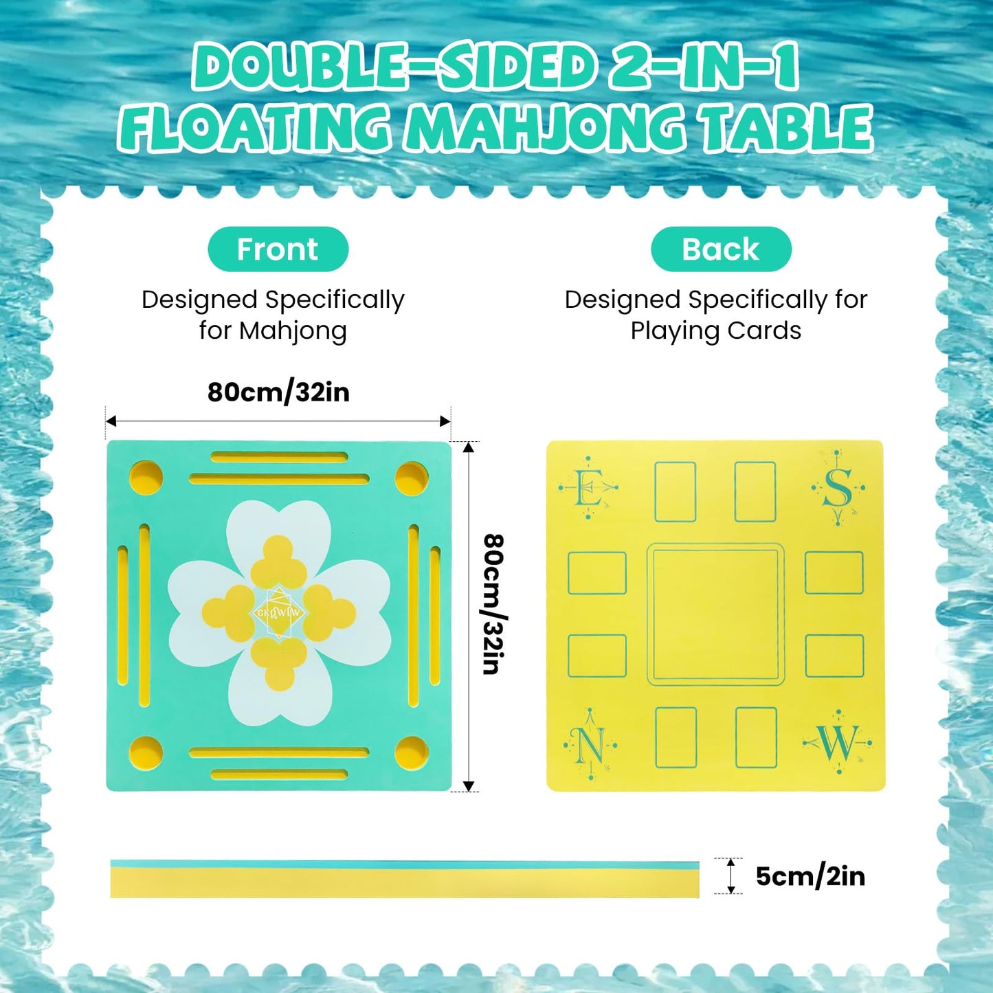 GKQWLW Floating Mahjong Table for Pool, Double-Sided Water Game Tray with Mahjong & Poker Card Playing Surfaces for Poker, Card, Dominoes, Board Games