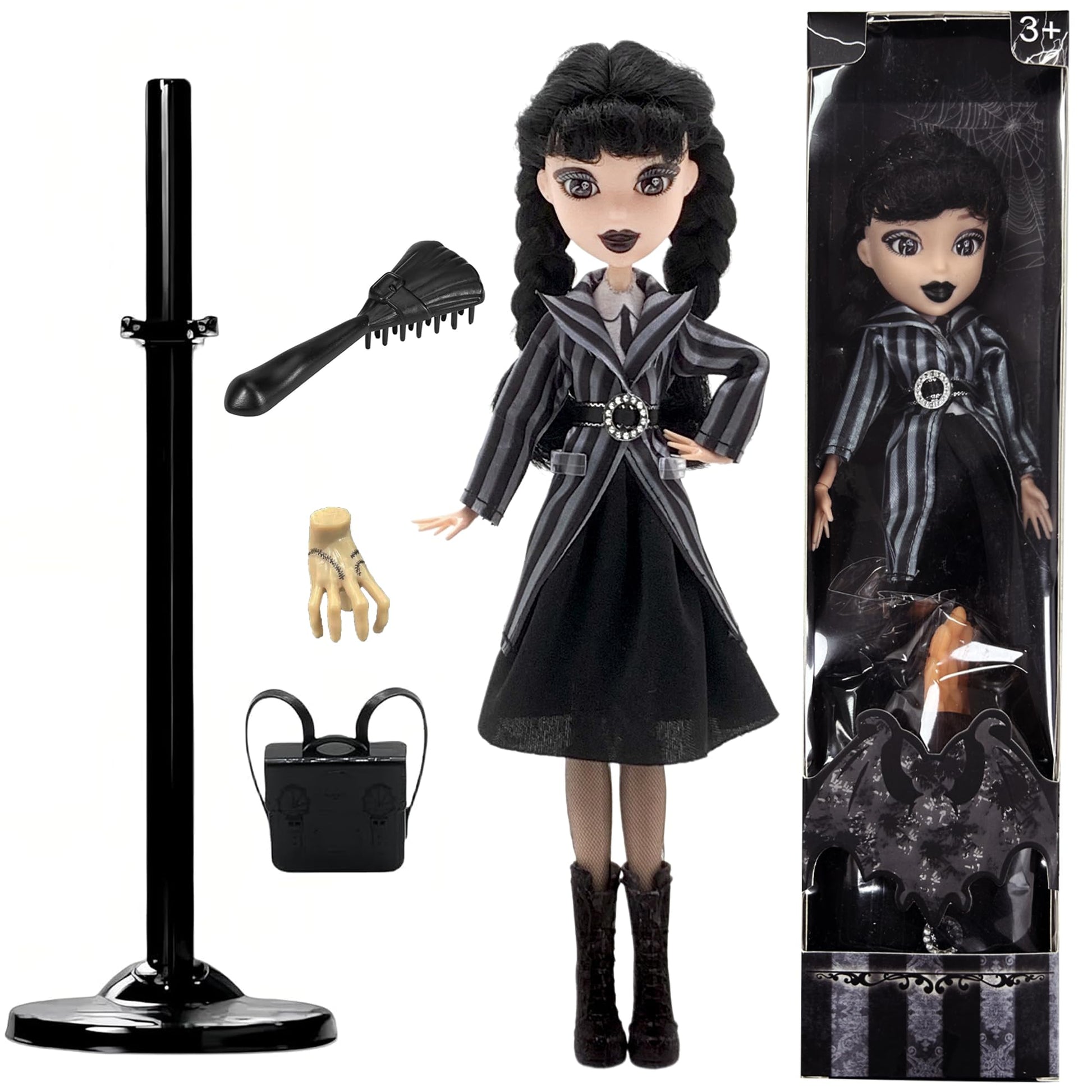 DANONI Addams Toys,Long Sleeve Dots Dress,Red Lips,Black High Heels and Black Hair,Made to Move Addams Dolls,Birthday Idea Gifts (Striped Doll +