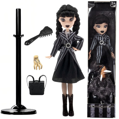 DANONI Addams Toys,Long Sleeve Dots Dress,Red Lips,Black High Heels and Black Hair,Made to Move Addams Dolls,Birthday Idea Gifts (Striped Doll +