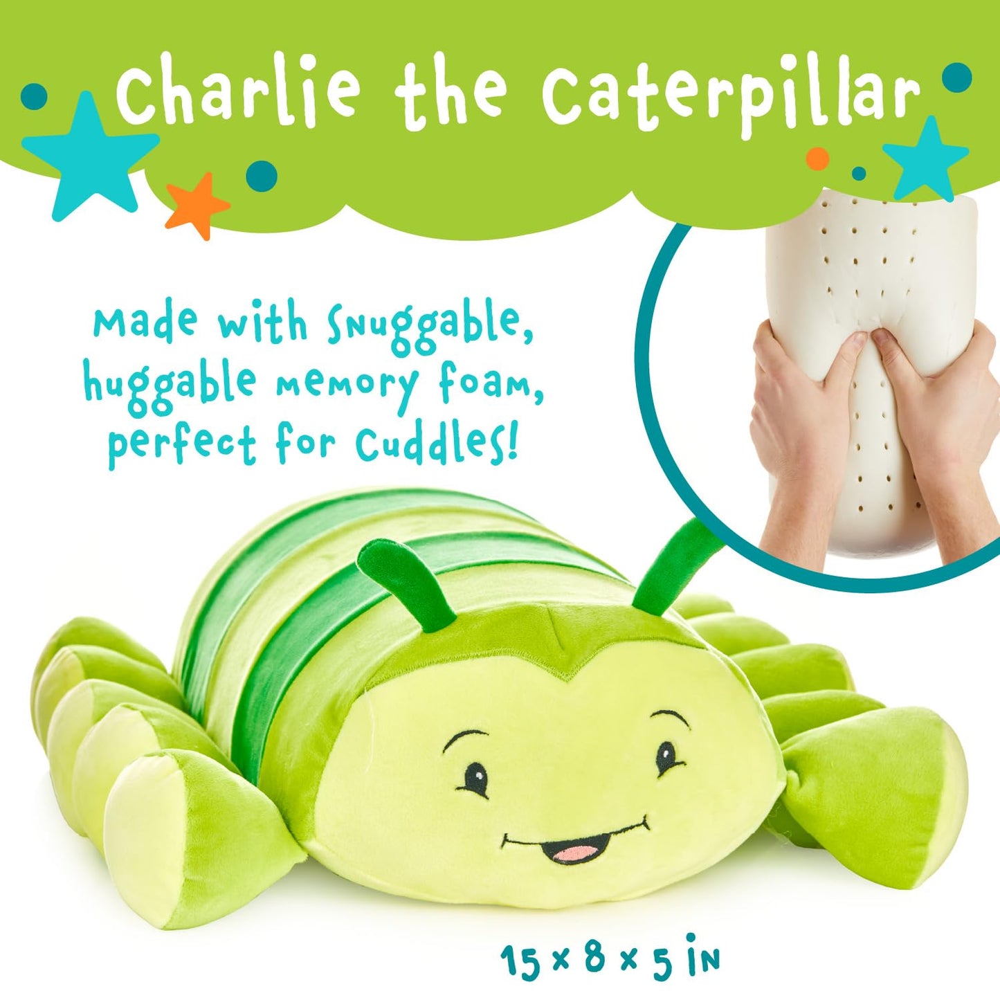 MEMORY MATES Charlie the Caterpillar Memory Foam Pillow Plush with Kid's Diary that Stores in Belly Pocket, 15” Stuffed Animal, 6" Journal