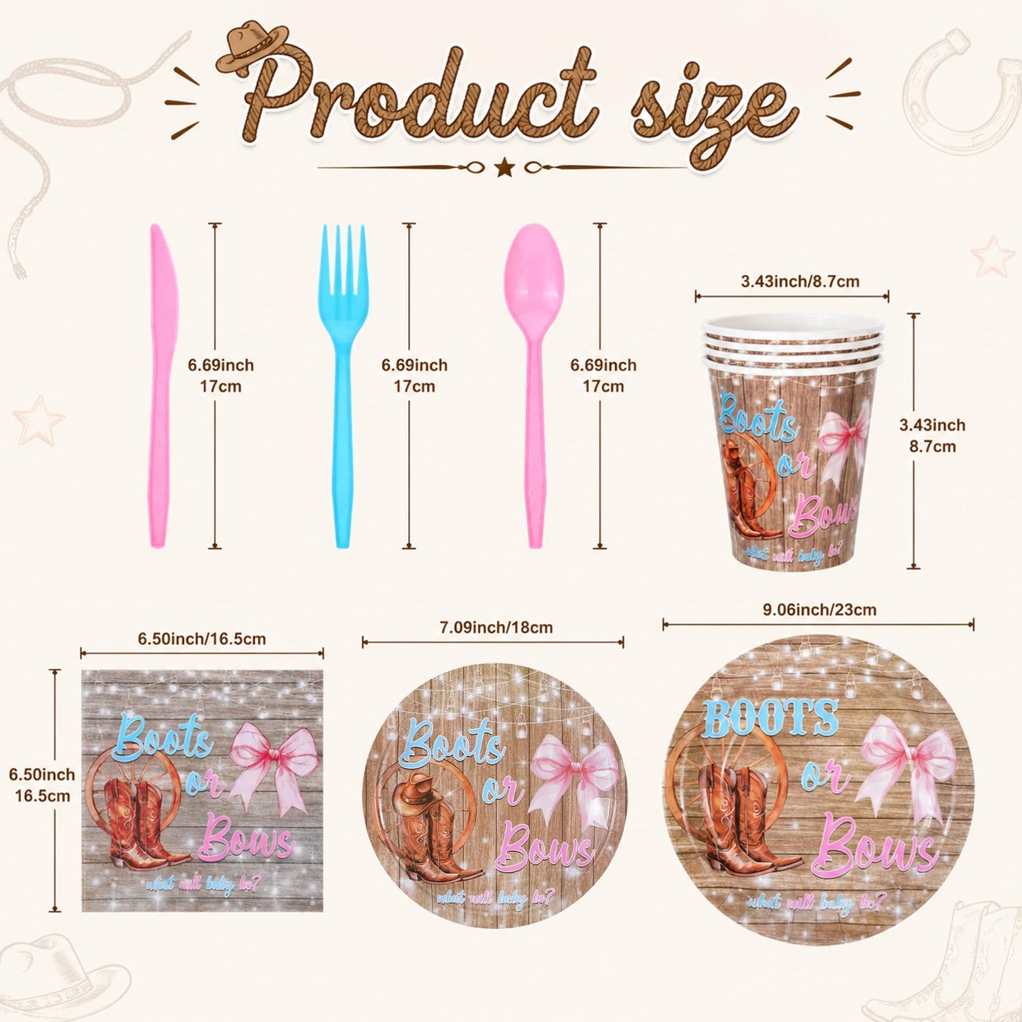 HrEtngiz 175PCS Boots or Bows Gender Reveal Party Decorations - Includes Paper Plates, Cups, Napkins, Spoons, Forks, and Knives, Western Theme Gender