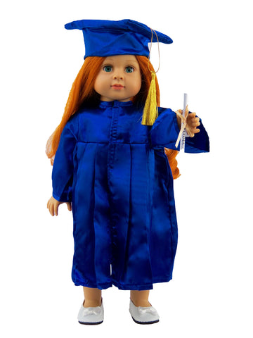 American Fashion World Blue Graduation Cap, Gown, and Diploma fits 18 inch Doll