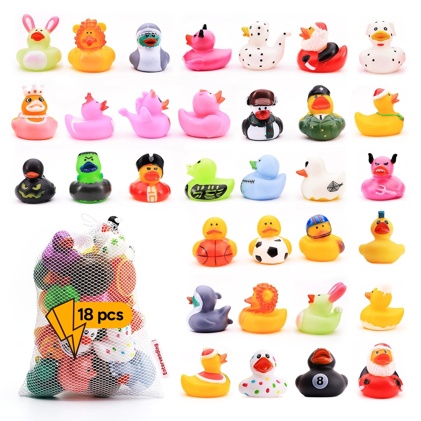 Rubber Duck Toy Assortment - Ducky Playset Bath Toys in Mesh Bag - Jeep Ducks for Ducking - Rubber Duckies for Beach Pool - Goody Bag Stuffers