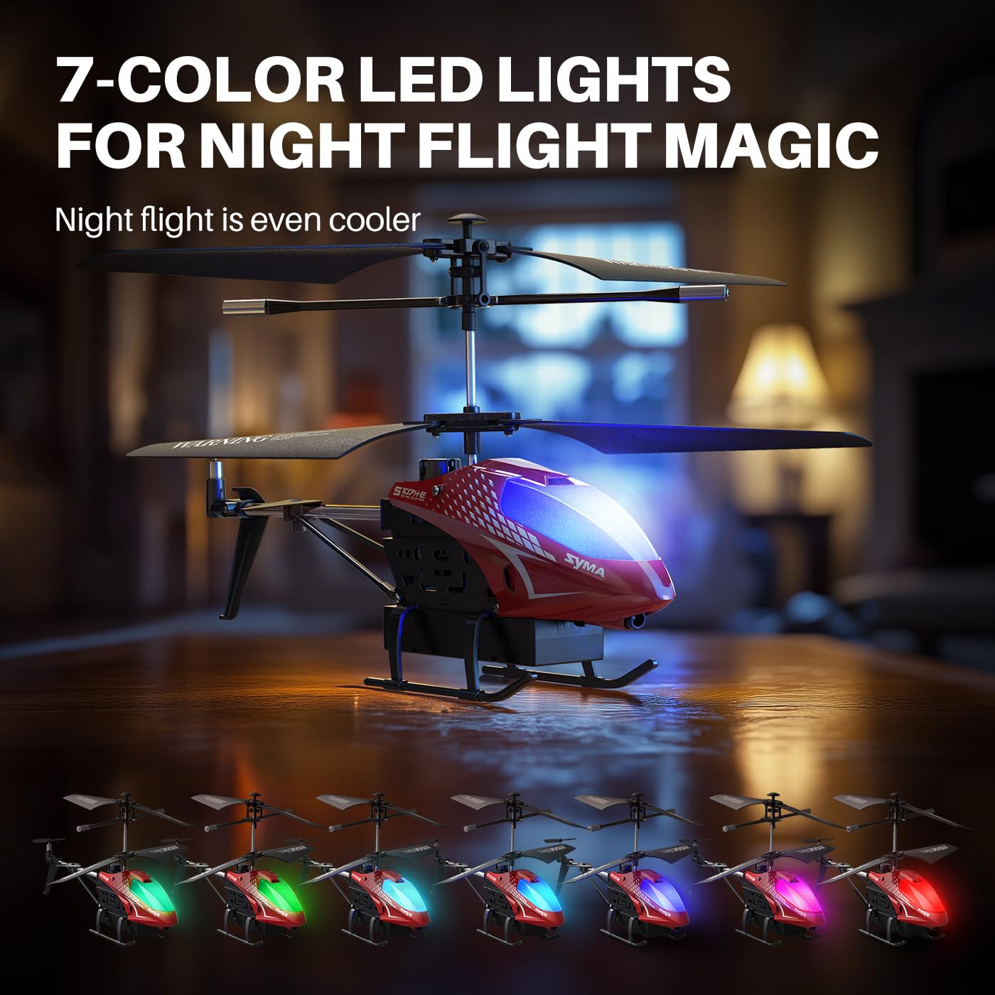 SYMA RC Helicopter for Kids, 7-Color LED Lights, 40 Min Flight Time, Red