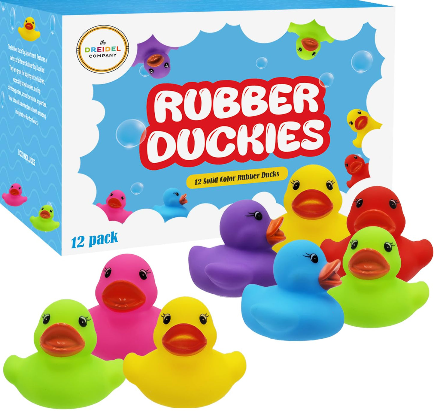 12-Pack Classic Rubber Duck Toy Duckies for Kids, Six Solid Colors, Bath Birthday Gifts Baby Showers Classroom Summer Beach and Pool Activity, 2"