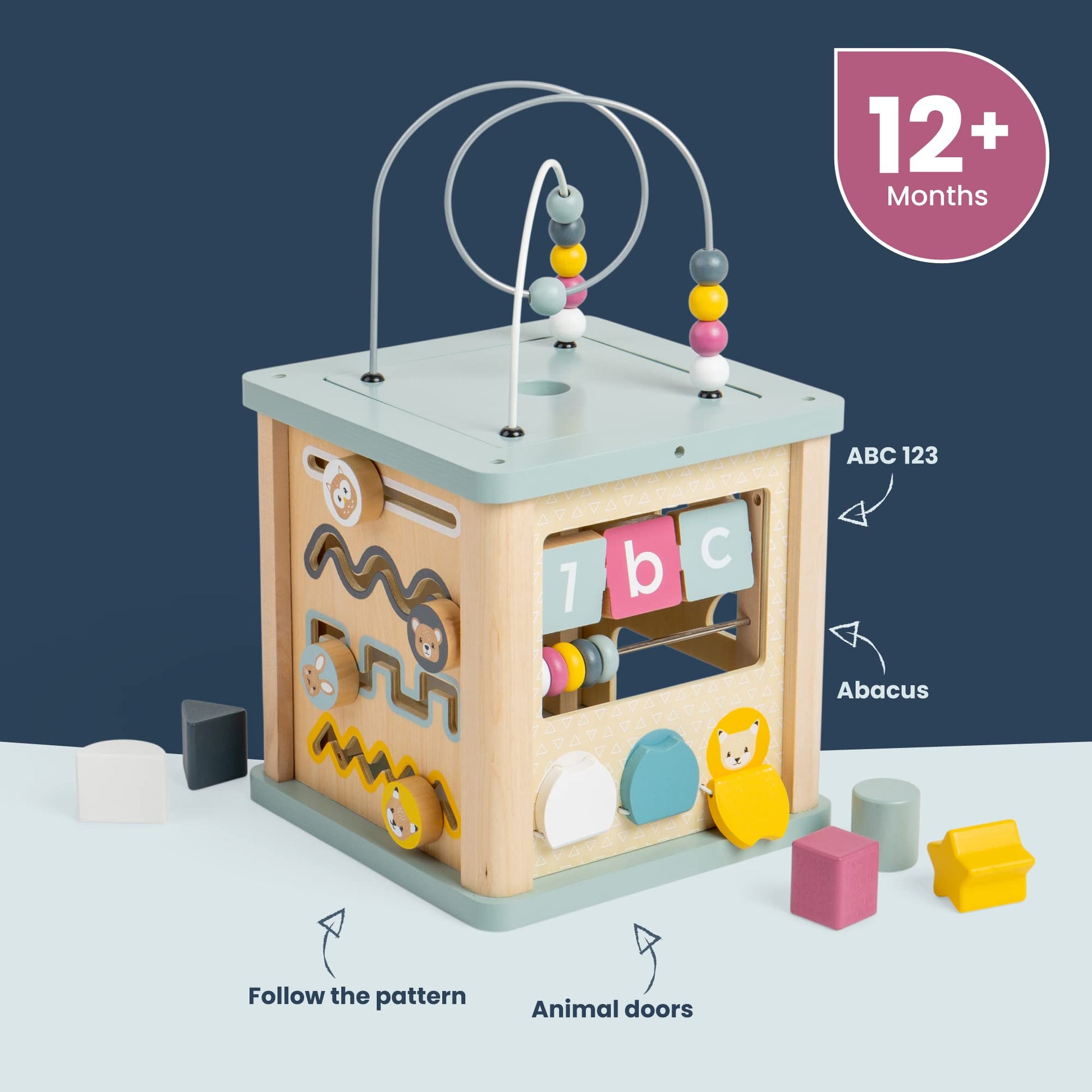 Bigjigs Toys Wooden Activity Cube - 100% FSC® Certified Busy Centre with Shape Sorter & Bead Maze, Sustainable Sensory Toys for 1 Year Old, 22cm W x